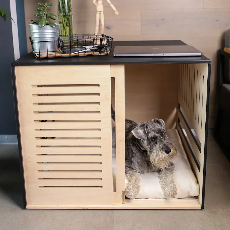 

Modern Wood Dog Crate With Acrylic Sliding Door Dog Kennel With Mat For Dog Indoor Sleeping