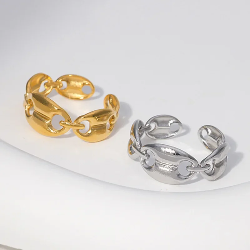 New Hip Hop Cuban Coffee Bean Ring for Women Men Stainless Steel Gold Silver Color Adjustable Open Finger Rings Accessories Gift