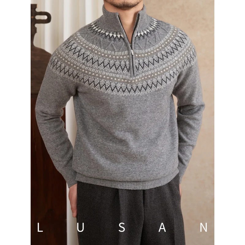 

Mr. Lu San Autumn and Winter Fair Isle100%Wool Slim Fit Stand Collar Embroidered Sweater Warm Fashion Retro Knitwear