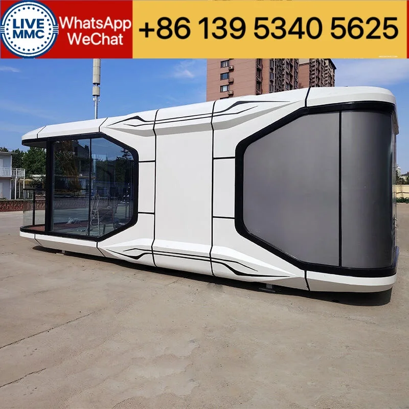 Cabina cápsula moderna en forma de manzana para 2-3 dormitorios | Cabina prefabricada con vistas panorámicas y diseño tipo nave espacial.