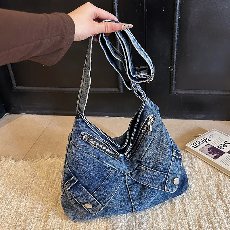 

Trendy Y2k Denim Shoulder Bags for Women Large Capacity Multi-Pocket Ladies Crossbody Bag Versatile College Girls Handbag Tote
