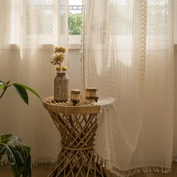 1PC Boho Style Sheer Curtain,Beige and Black Voile with Tassel ,Rod Pocket Hollow Transparent gauze for the Living Room Decora