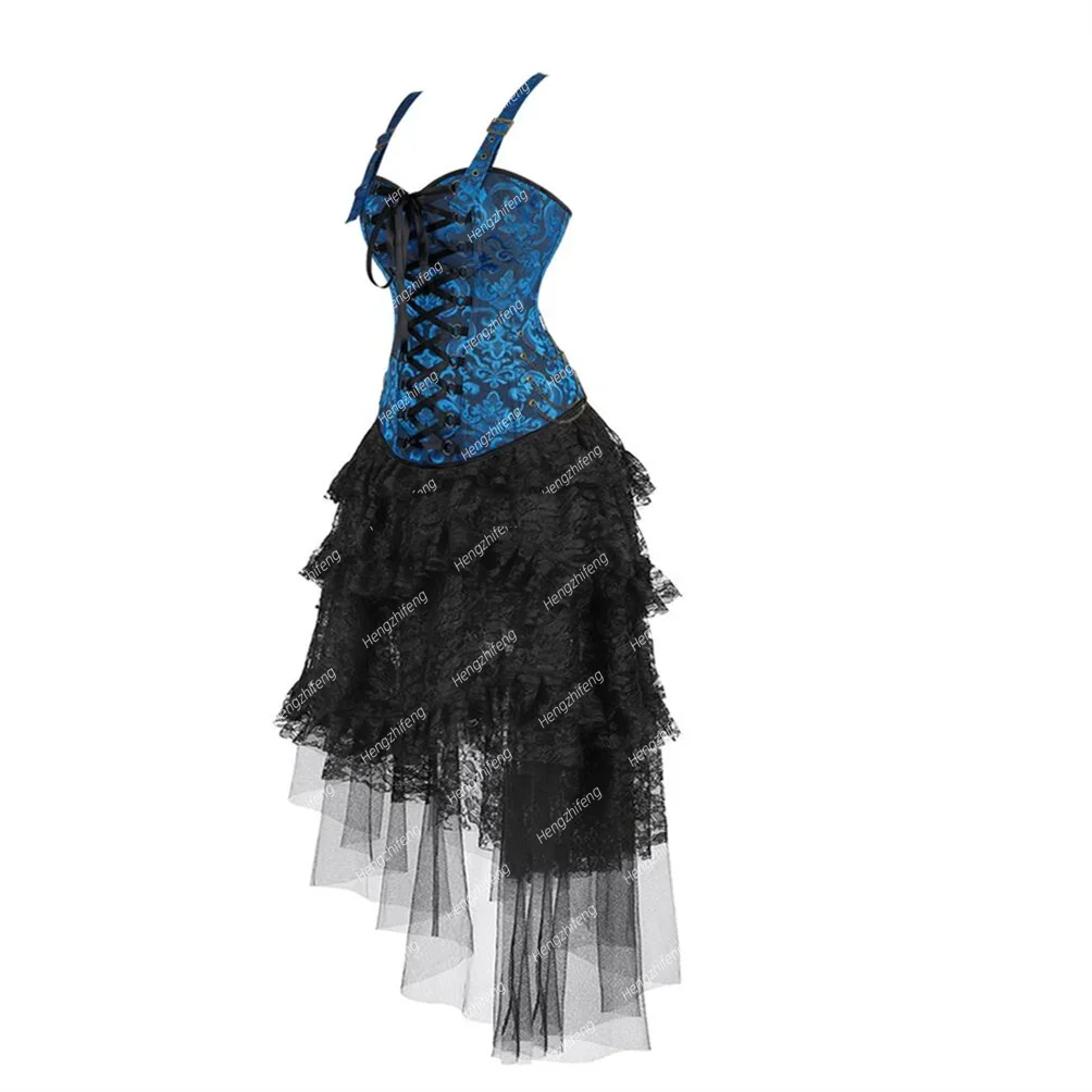 Steampunk Corset & Layered Tulle Skirt Set Floral Lace Bustier Gothic with Adjustable Straps Tutu for Halloween Cosplay Costume