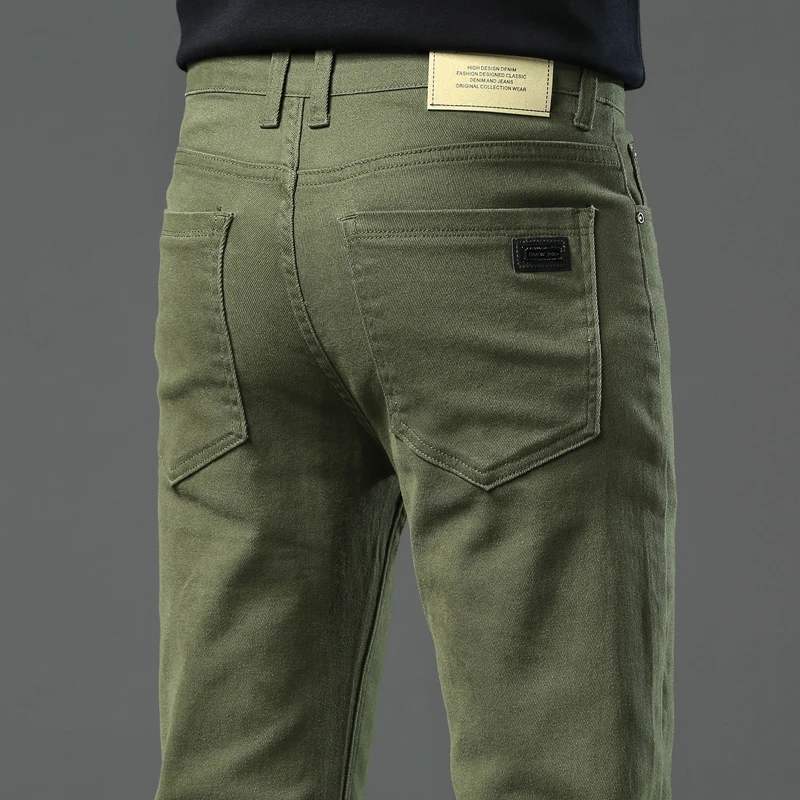 ArmyGreen Elastic Cotton Jeans Men's Spring Fashion Slim Straight Denim Pants Comfort Large Size Korean Business Casual Trousers
