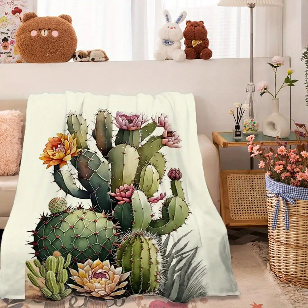 Green cactus and succulent plant printed velvet blanket, machine washable, suitable for sofas, beds, camping and traveling