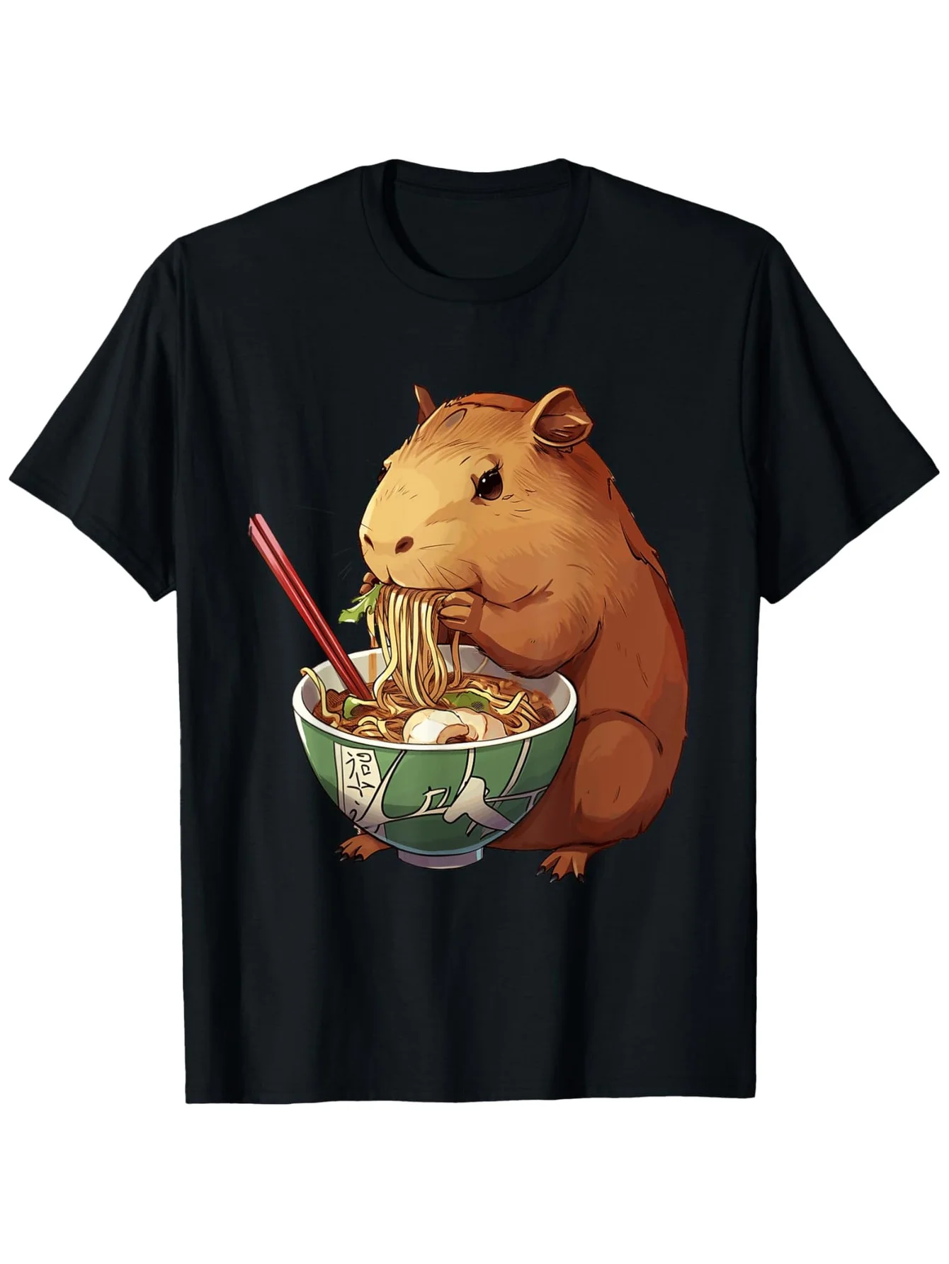 Capybara Eating Ramen Noodles Graphic Tee Soft Cotton Crew Neck Kawaii Anime Style Casual T-Shirt Men
