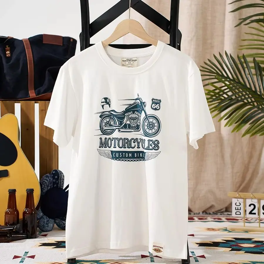 

American Retro Motorcycle Print T-Shirt Round Neck Pure Cotton Ami Khaki Motorcycle Style Short-Sleeved T-Shirt Men's Summer