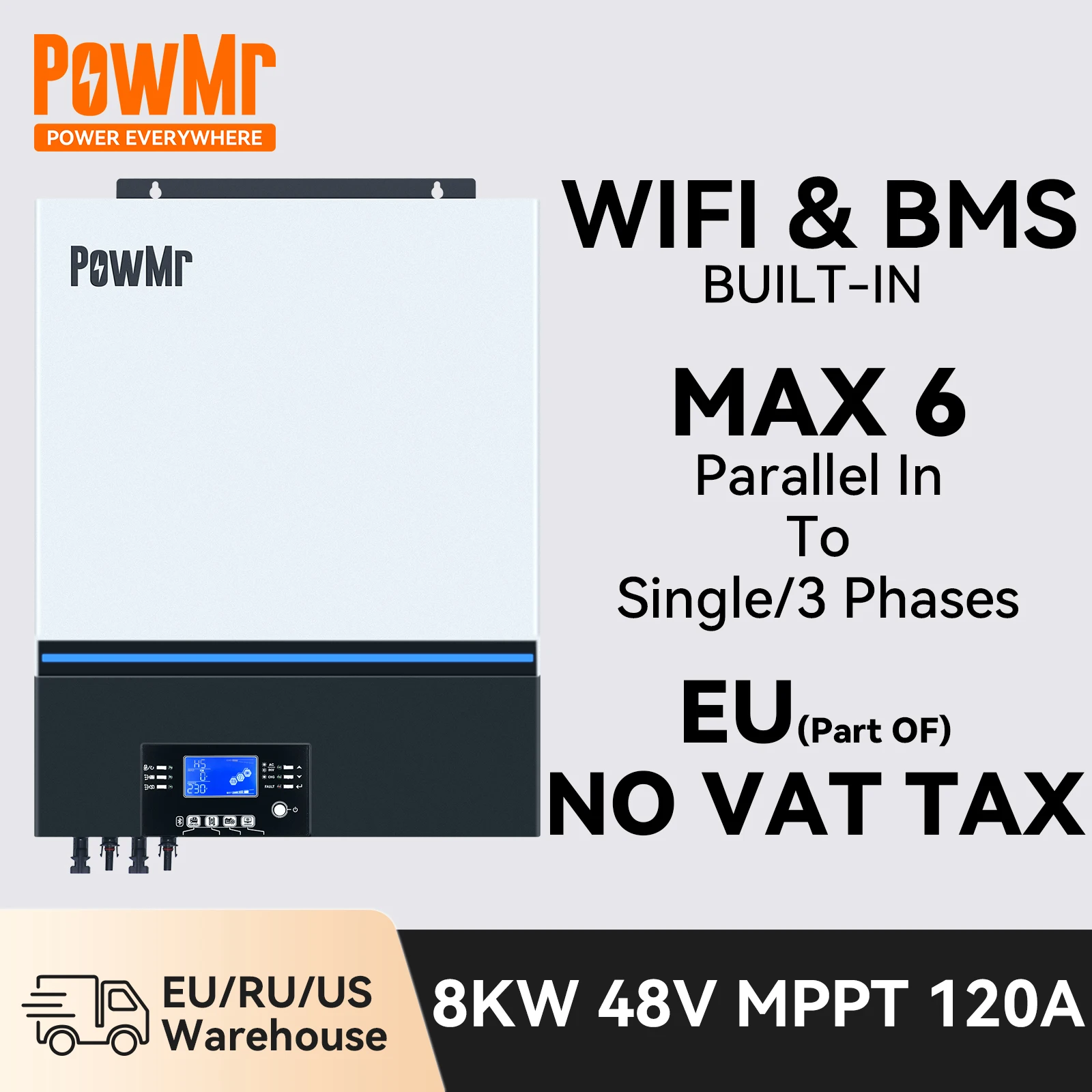 PowMr 8KW 48V Hybrid Solar Inverter MPPT 120A Off Grid Max Parallel In 6 Max PV 500V 8000W Build-In WIFI BMS