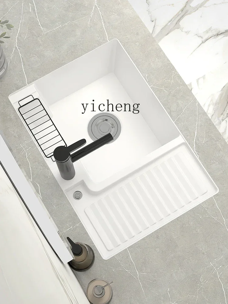 Ceramic Undercounter Laundry Basin Balcony with Washboard Hand Washing Single Basin Embedded Wash Sink