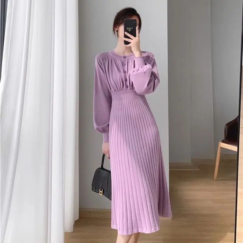 

Crew Neck Slim Solid Dress Elegant Long Sleeve Dress Women's Autumn Winter High Street Clothing Party Dress A-line Skirt C136