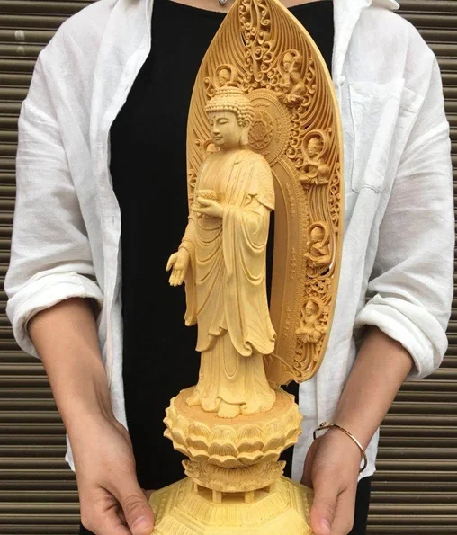 43CM Large High grade boxwood wood carving All-powerful Buddha statue  home Temple efficacious bless Talisman Sculpture