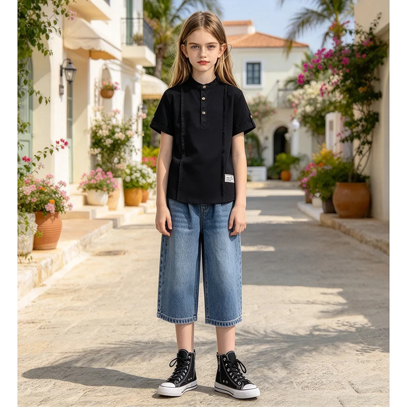 Simple Solid Black Girls Short Sleeve Shirt, Stand Collar Button Front Summer Top for Aged 8-12 Girls Daily Outfit