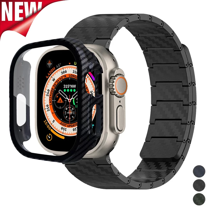 Cinturino in fibra di carbonio + custodia per PC per Apple Watch Ultra 2 Band 49mm 45mm 44mm 41mm 40 42mm bracciale magnetico per IWatch 9 8 7 6 5 4 SE