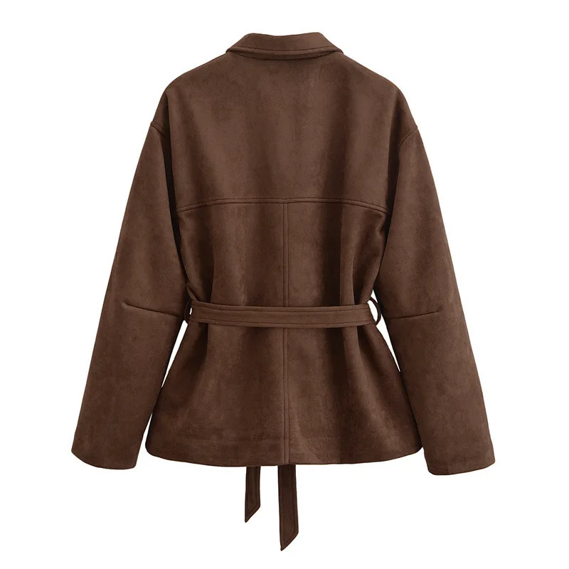Women's New Elegant Lapel Lace Up Waist Cinched Slimming Suede Faux Leather Cropped Jacket Commuter Versatile Daily Wear Jacket