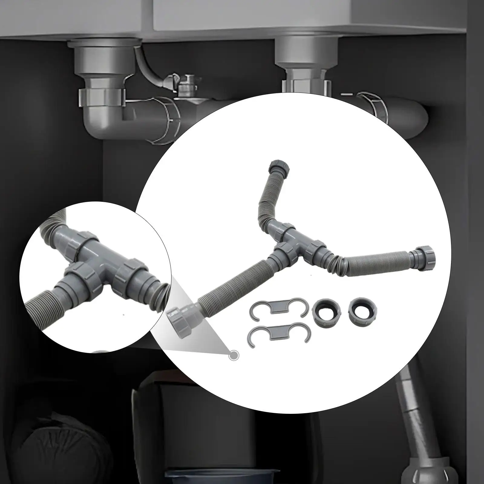 

Double Sink Drain Pipe Kit, Easy Installation, Professional, Drain Tubing Pipe Kit Accessories for Kitchen