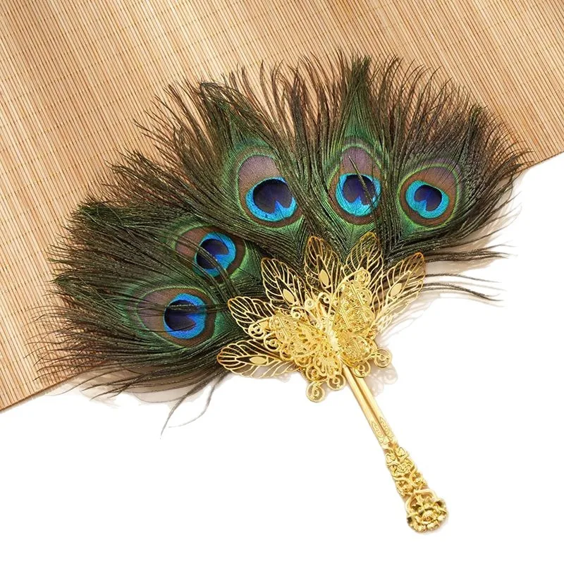Éventail à main en plumes de paon de style chinois ancien pour la danse Hanfu, accessoires de spectacle, cadeau festif, petit éventail polyvalent