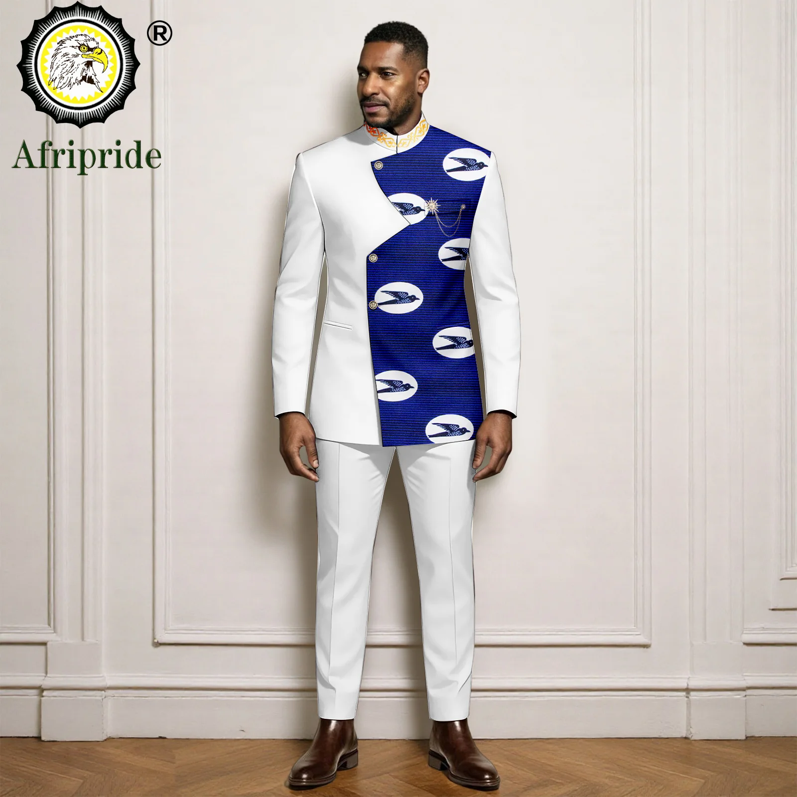 Men`s Business Suits Brooch Single Breasted Embroidery Print Blazer and Pants Set African Clothes Bazin Riche Attire 2616019