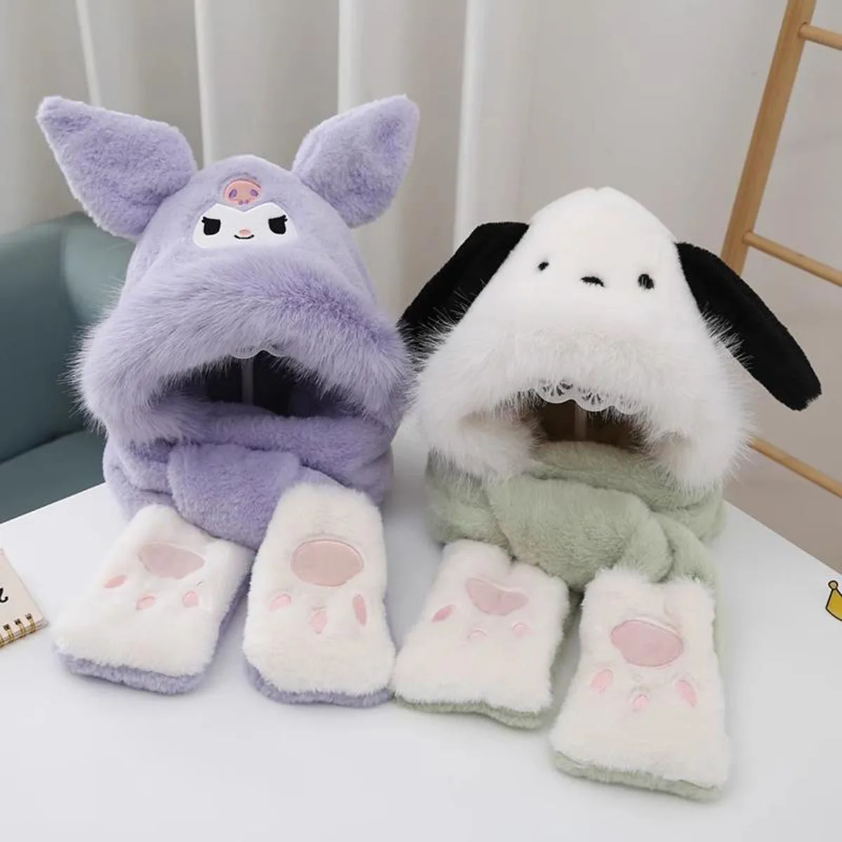 

Sanrio Kuromi Anime Winter Warm Windproof Hat Children Hat Scarf Gloves Sanrio Lovely Fluffy Hat Gifts