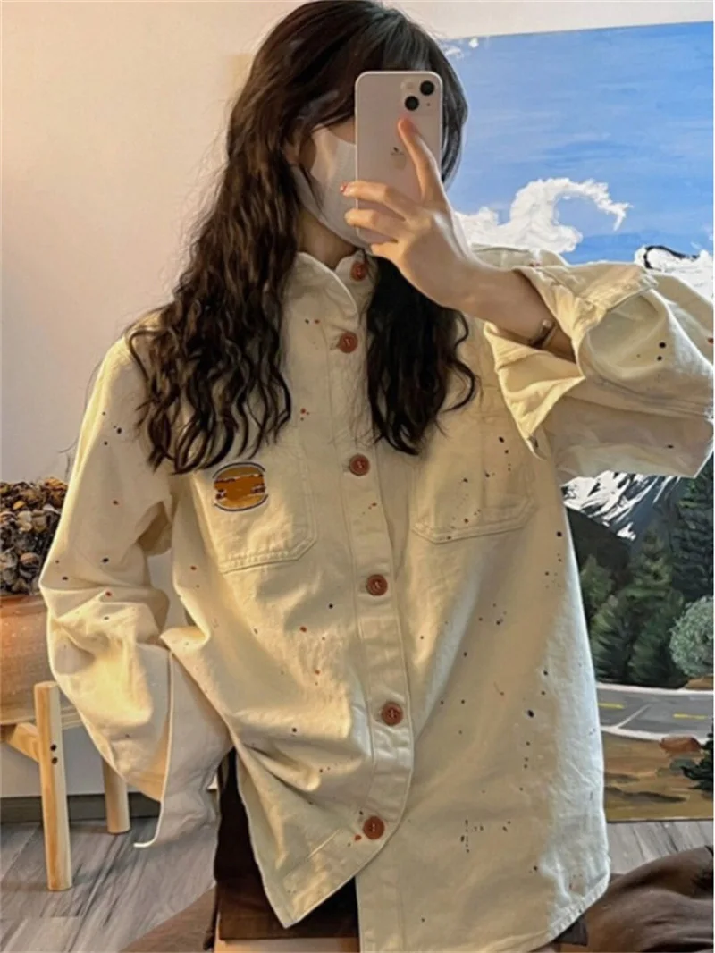 Camicia di jeans Cappotto Giacca da donna con stampa monopetto Tasche con colletto rovesciato Lavato Streetwear Top Overshirt 2025 Autunno