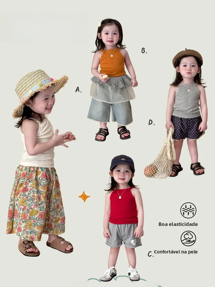 韓国風ガールズサマーアウトフィット綿ポリエステルツーピースセットネックハンギングベストとトレンディパンツ通気性と快適性に優れています