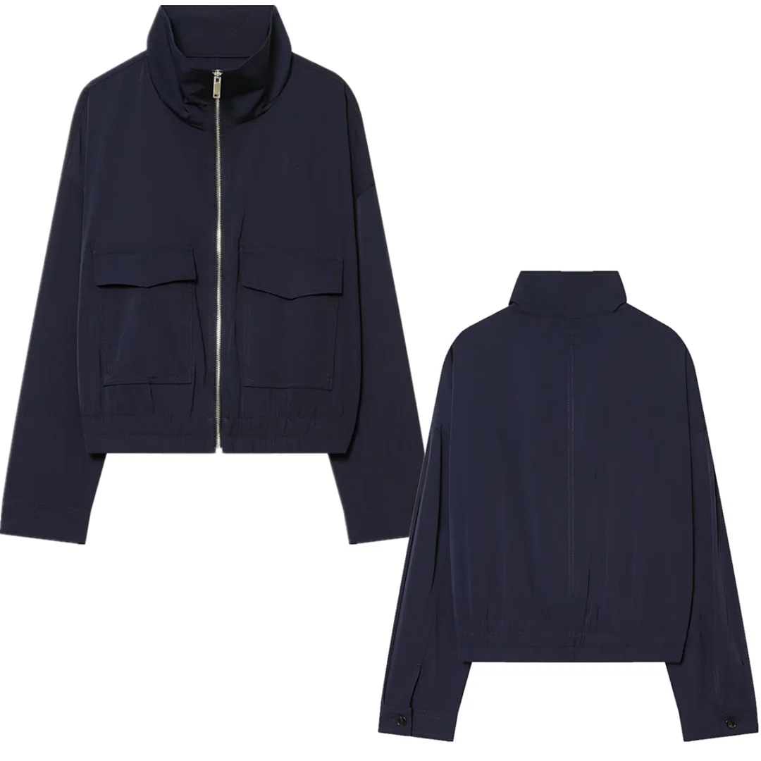 

Maxdutti Minimalist Woman Clothing Navy Color Bomber Jacket Big Pockets Zippers Loose Women's Jacket Woman Clothes Tops