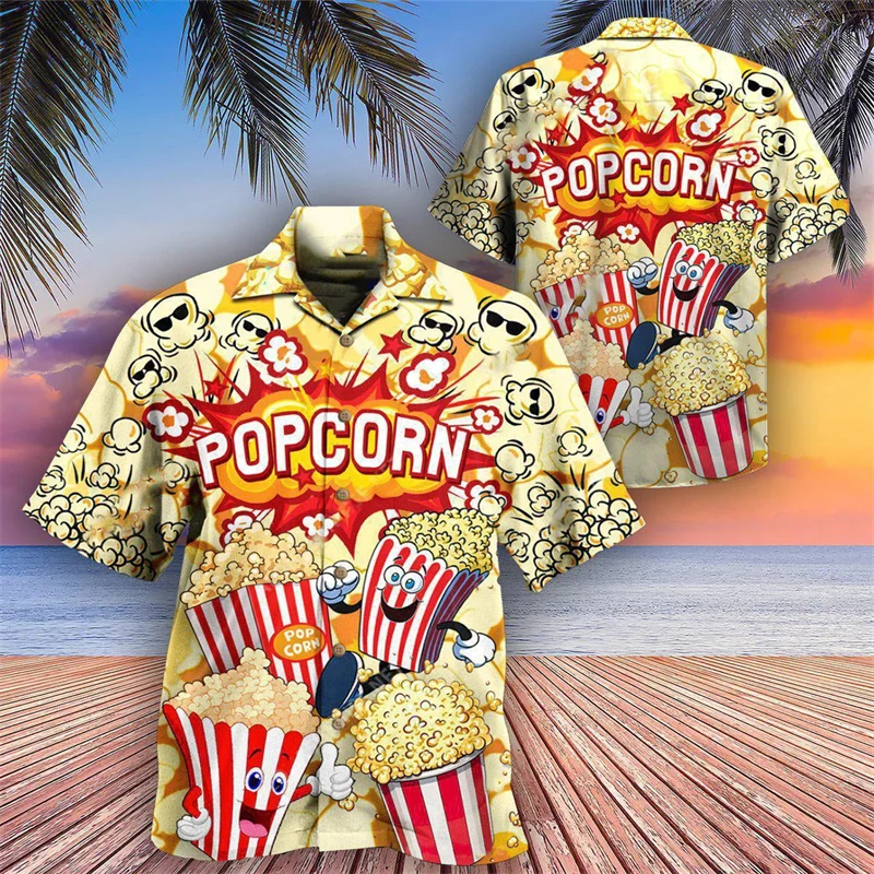 Men\'s Hawaii Summer Popcorn Casual Shirt 3D Beach Social Cartoon Super Large Funny Short Sleeve Dazn New List Sale Floral Shirts