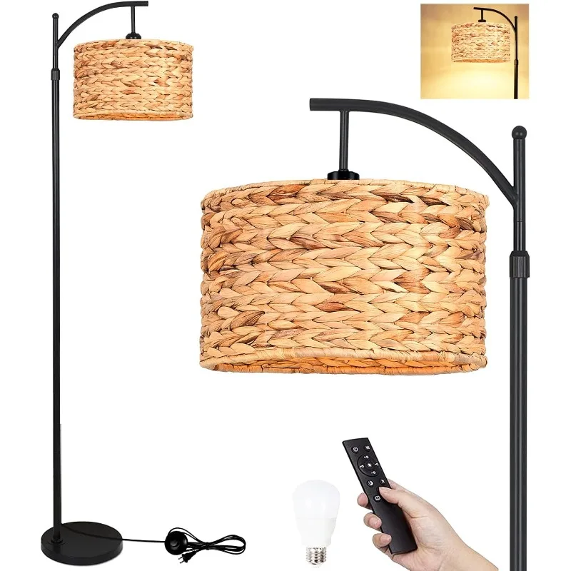 Vloerlamp Voor Woonkamer Slaapkamer Rotan Boho Arc Staande Lamp Met Afstandsbediening Dimbare Zwarte Rieten Bamboe Lamp Schaduwvloer