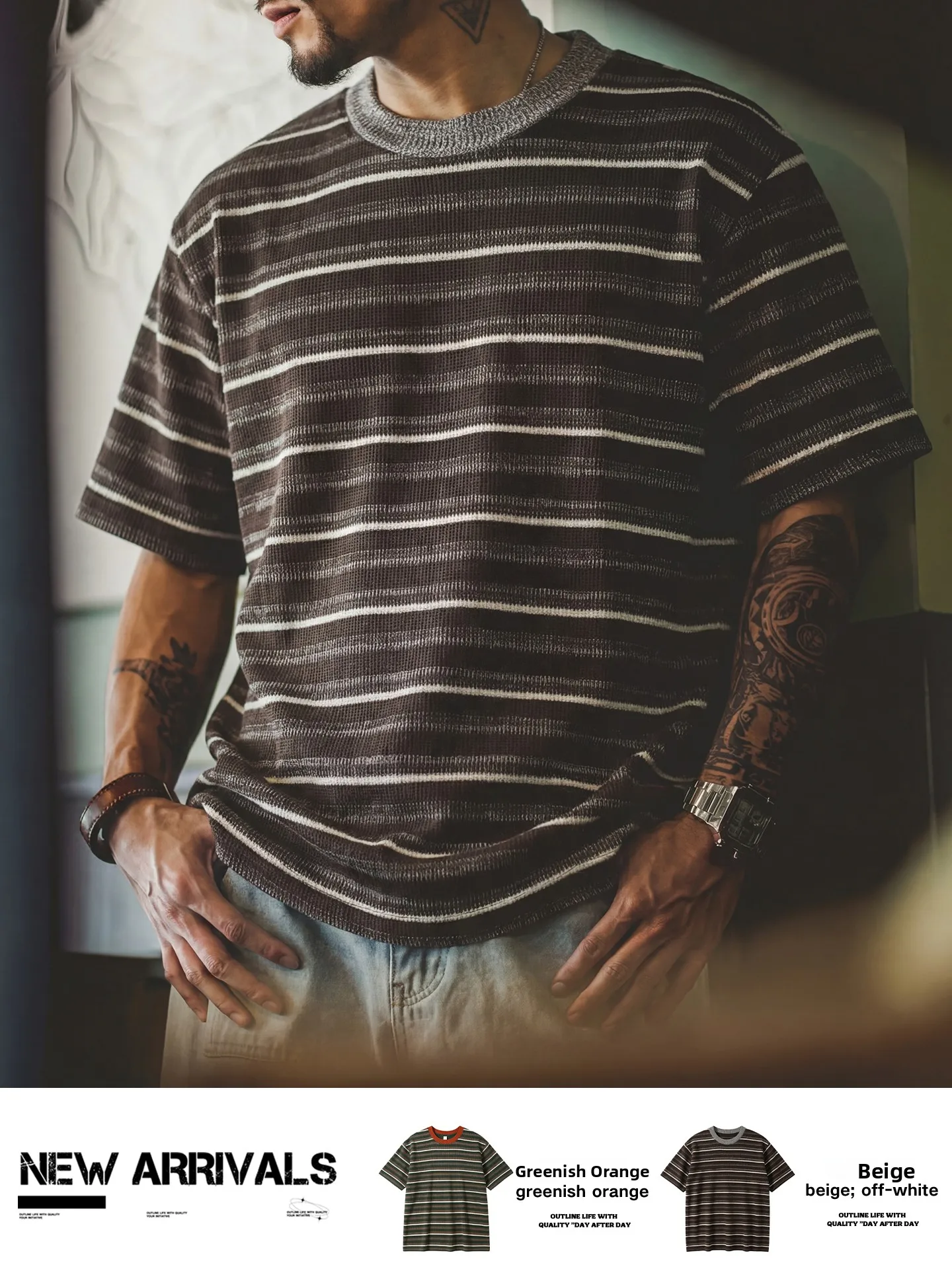 Ameika Jie Men's Knitted Short Sleeve T-Shirt Summer round Neck Stripe Pattern Casual Breathable Anti-Wrinkle Lightweight Top