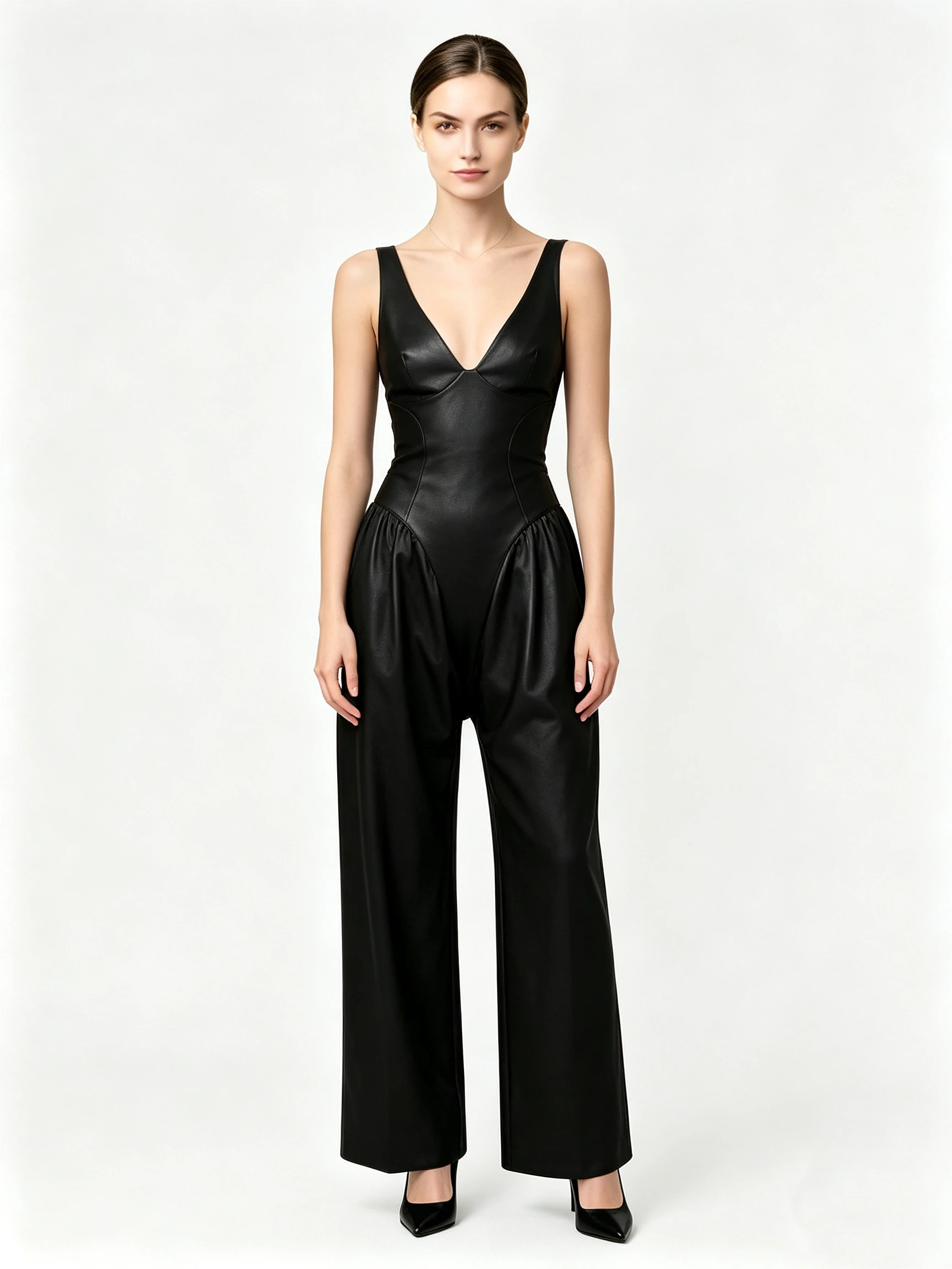 Luxury Black Faux Leather Sleeveless Jumpsuit with Deep V-Neck and Corset Waist