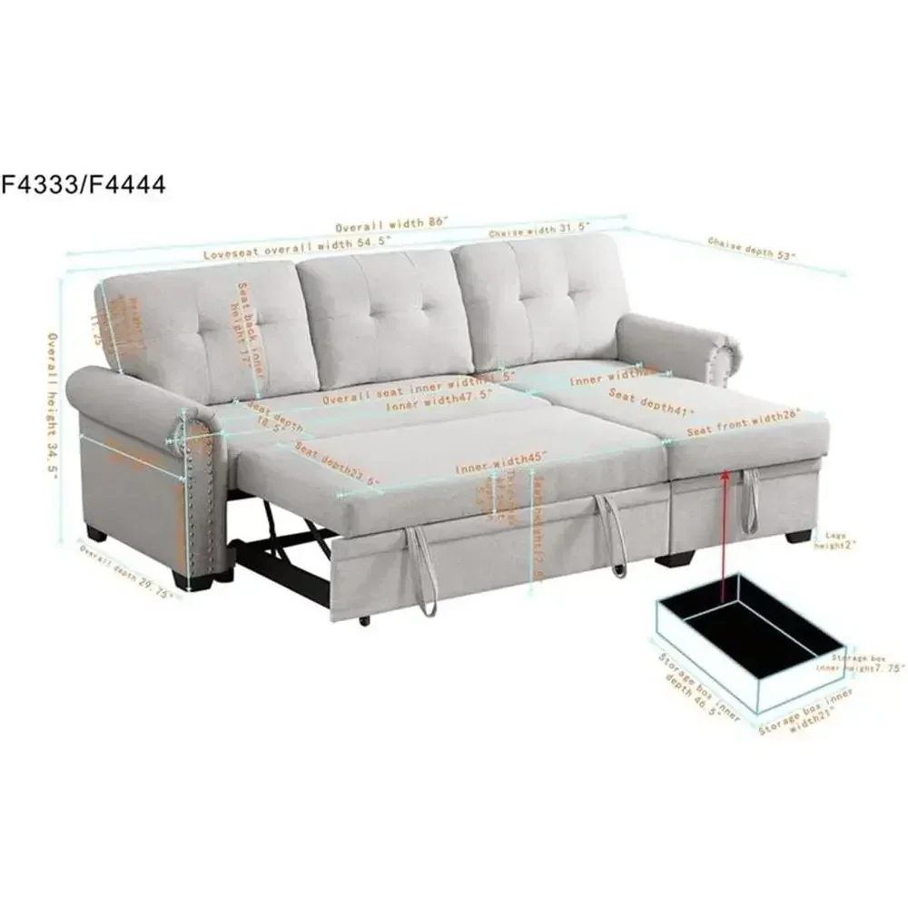 Convertible Sleeper Sofa with Pull-Out Bed, 3-Seat Storage Chaise Lounge for Living Room, Home Office, and Game Room