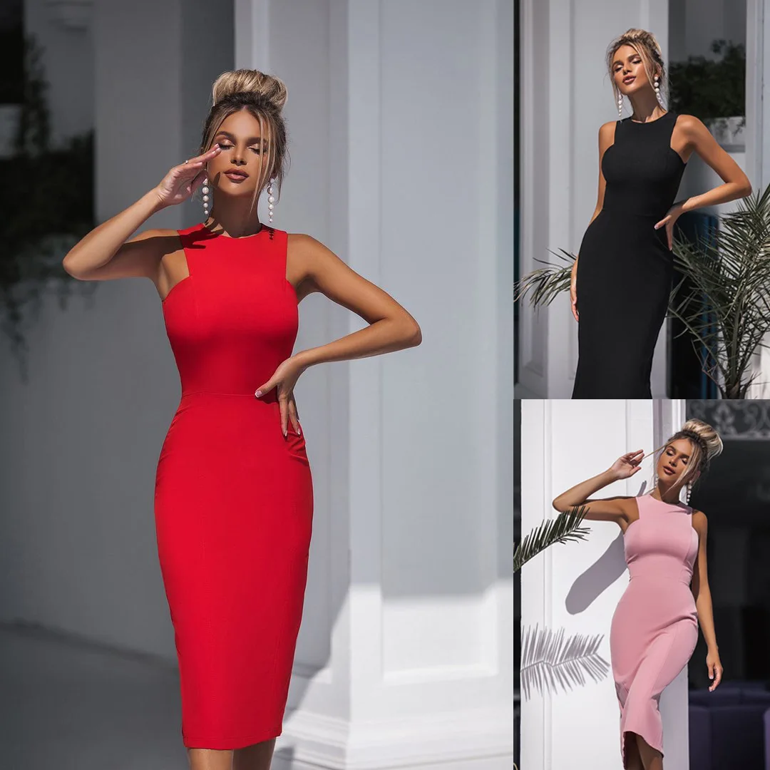 Novedad de verano para mujer, vestido informal ajustado sexi, ceñido al cuerpo con abertura, ropa para el hogar, vestido Midi de Color sólido sin mangas