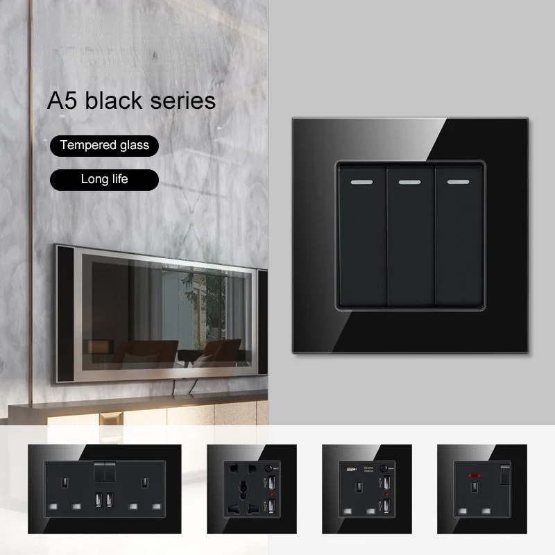 86 type switch socket panel has Dimming Switch adjust speed switch Black Multi three holes light luxury household wall