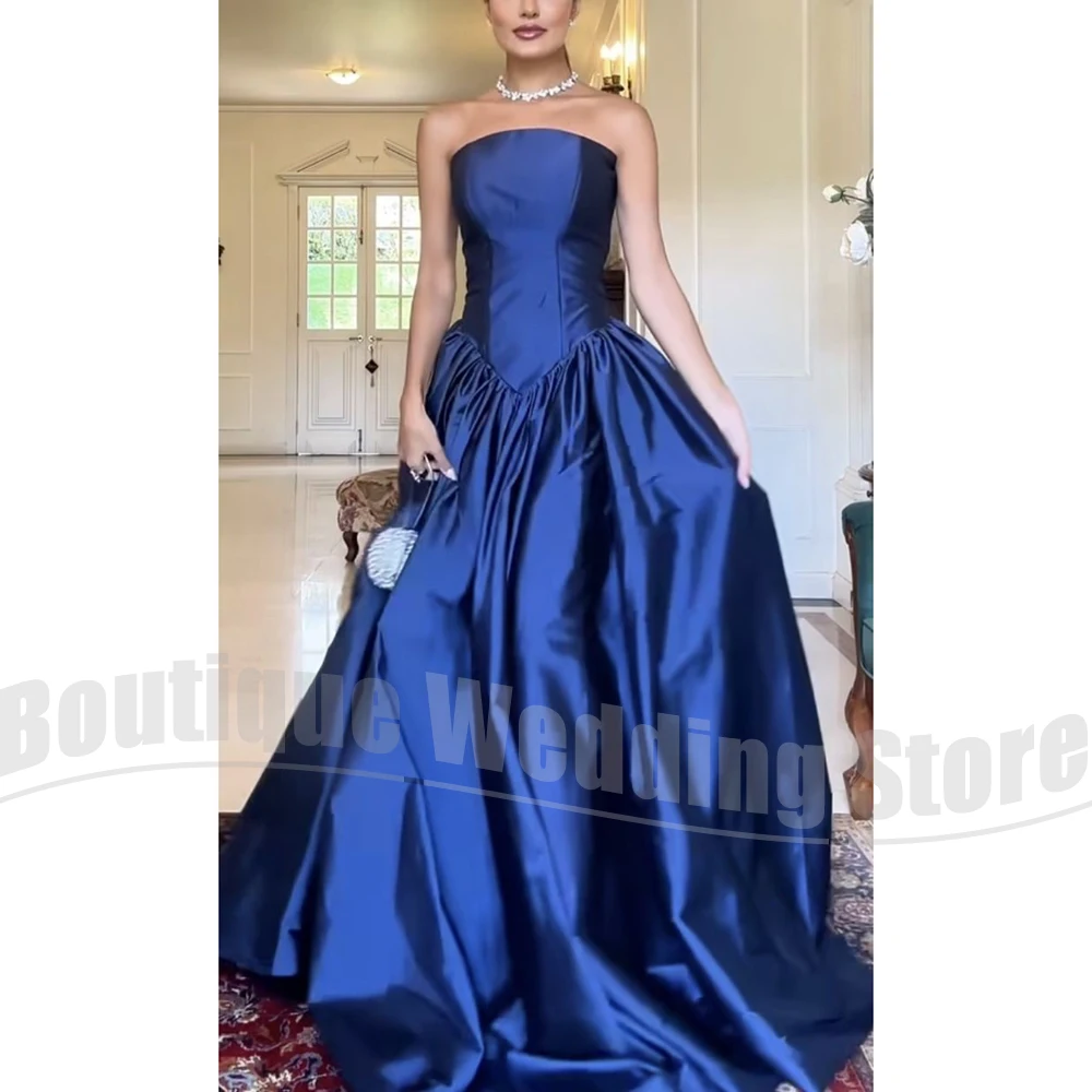 

Elegant Strapless Ball Gown Women's Formal Evening Dress Satin Pleated Floor-Length Prom Gown Banquet Wedding Party Dress