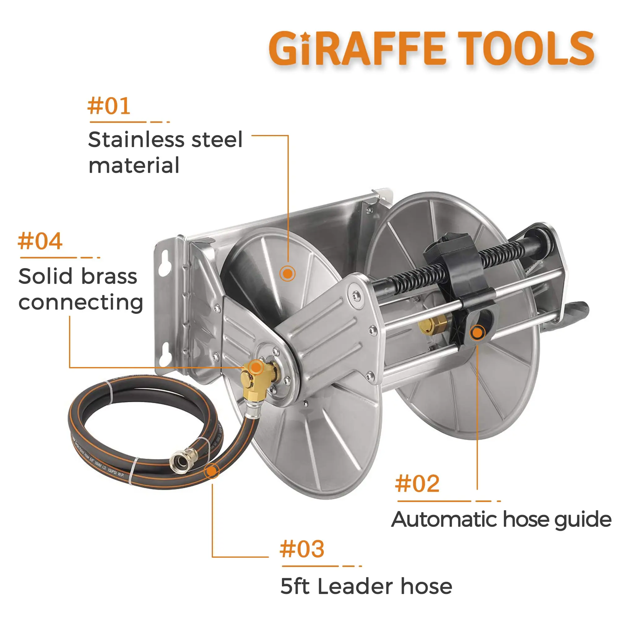 Giraffe Tools Stainless Steel Garden Hose Reel Heavy Duty, Wall/Floor Mounted Metal Water Hose Reel