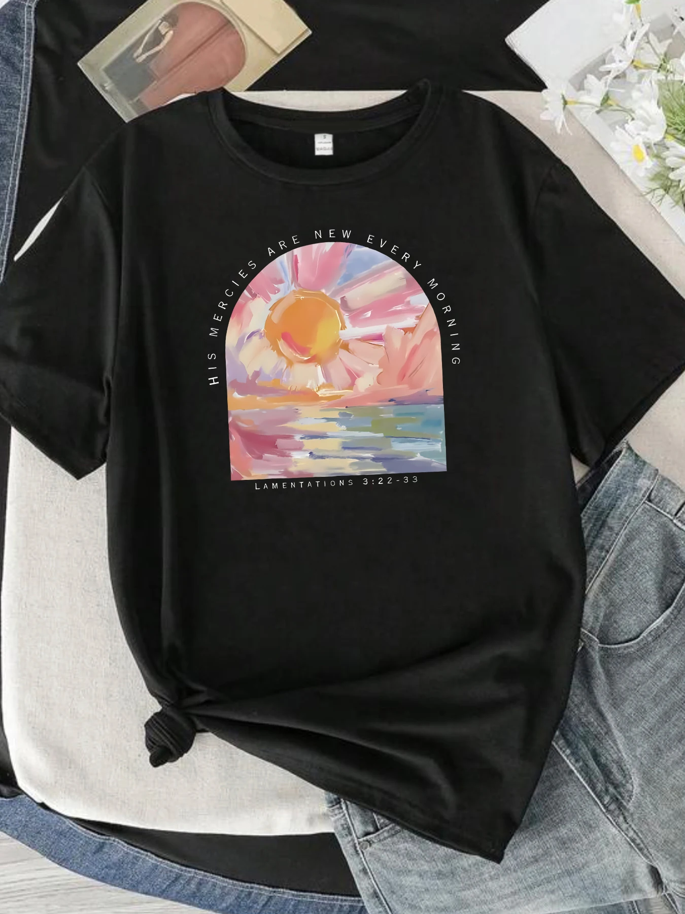 

HIS MERCIES ARE NEW EVERY MORNING Letter Oil Painting Sun Art Pattern Ladies Summer Short-sleeved T-shirt Daily Top Fashion