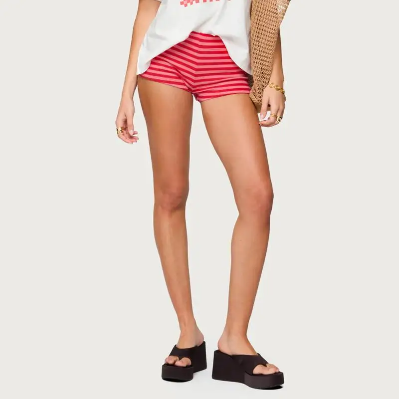 Combhasaki 여성 여름 Y2K 캐주얼 스트라이프 프린트 대비 컬러 반바지 신축성있는 낮은 허리 바지 휴가 비치 클럽 streetwear