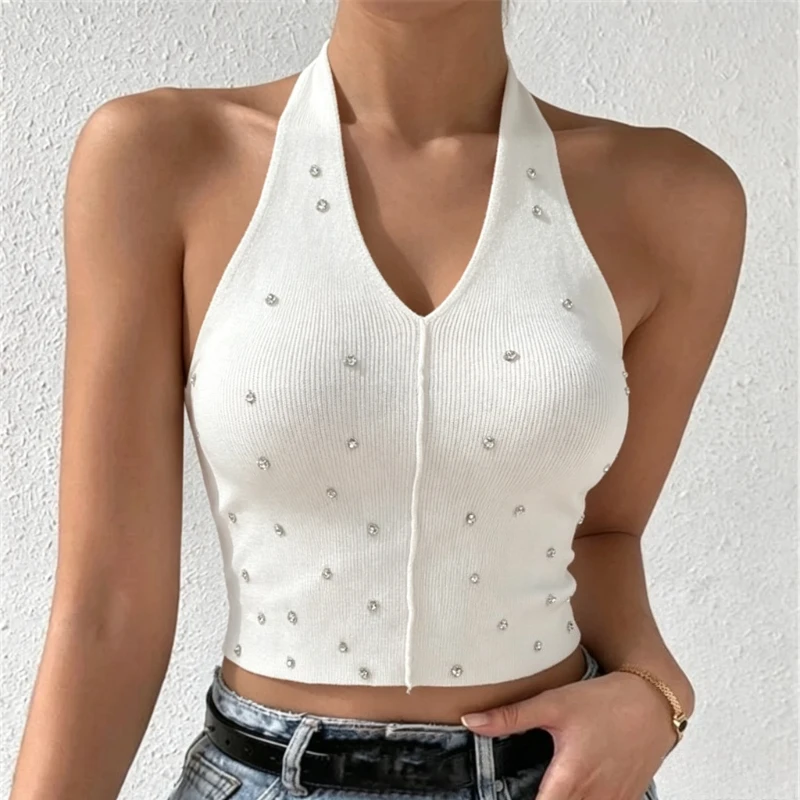 Women White V Neck Halter Knit Cami Tank Top Vertical Rib Rhinestone Stretchy Cropped Summer Club Party Slim Fit Knit Vest Shirt