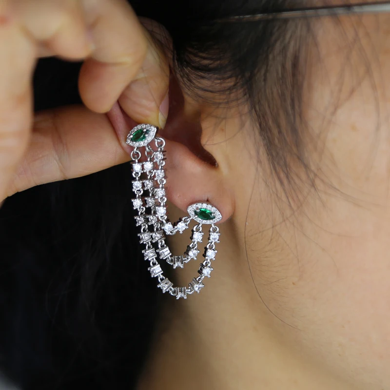 Brincos cz borla duplo piercing para mulheres, mau olhado, dois parafusos, joias femininas elegantes, na moda, verde