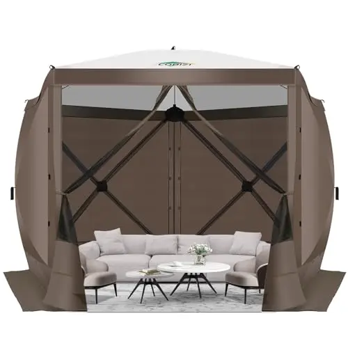 10x10 Pop Up Gazebo, Screen Tent with Carry Bag & Stakes, Brown