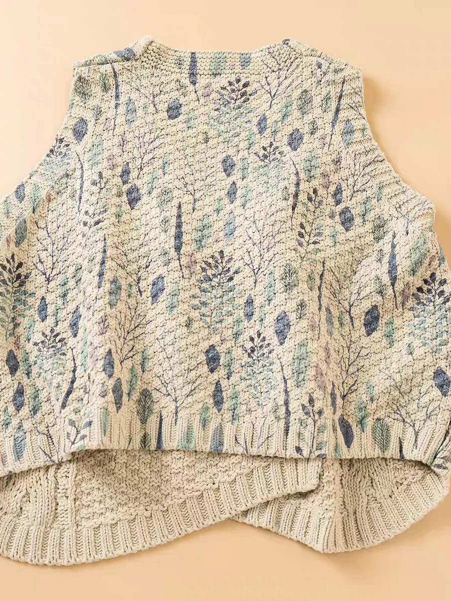 

Вязаный свитер с цветочным принтом, жилет, женский винтажный жилет на пуговицах, весенняя мода, новый топ на бретелях, повседневный свободный нейлоновый принт с v-образным вырезом