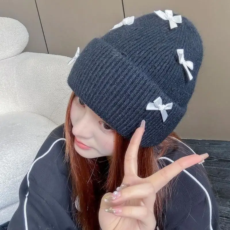 652F المرأة الجمجمة قبعة الوردي الأقواس رصع قبعة كومة بونيه الجمجمة مكبل محبوك قبعة #4