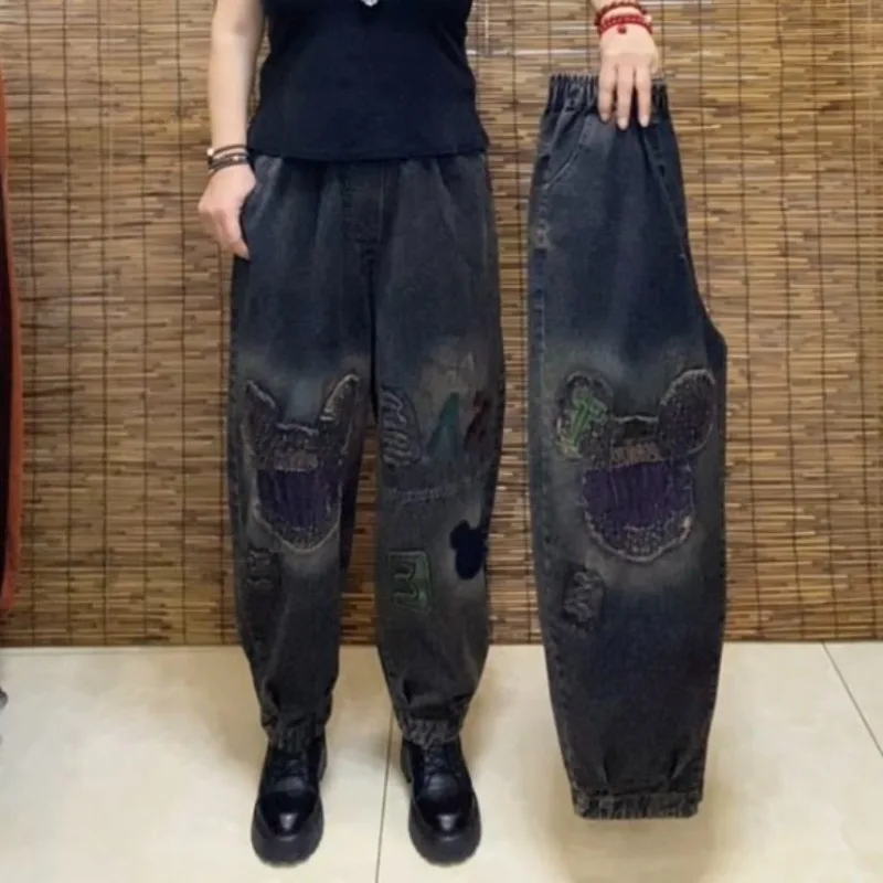 

y2khinestone jeans woman plus size Disney Spring New Mickey Applique Vintage Soft Denim Jeans for Women, Loose Fashion Dad Pants