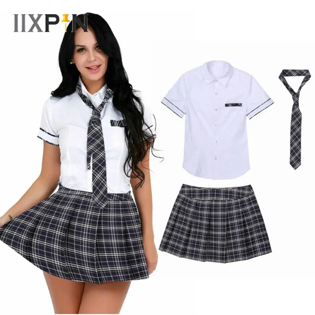 

Womens Schoolgirl Uniform Outfit Party Cosplay Student Cheerleader Costumes Short Sleeve Shirt Tops+Pleated Miniskirt+Tie Set