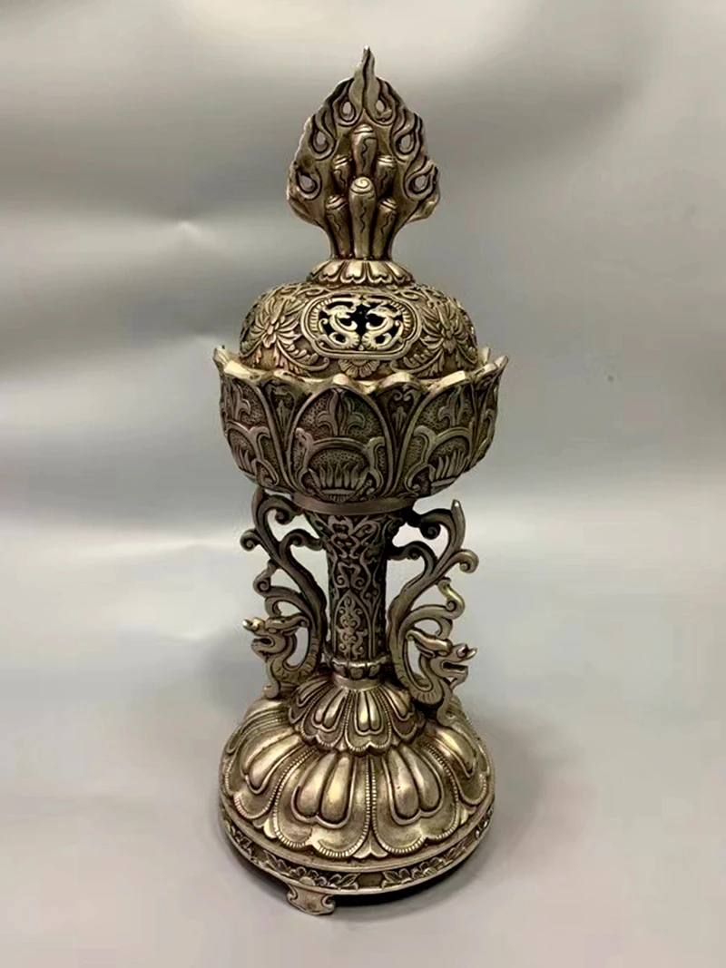 Excellent Incense Burner Blessing Censer Mascot Ancient Two Beast Craft Display Nice Patterned Divine Tibetan Silver