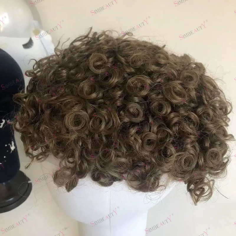 Natural Frontline Q6 Swiss Lace Front Base #18 Light Blonde European Man's Human Hair 18mm Curly Hair Wigs Replacement Toupee