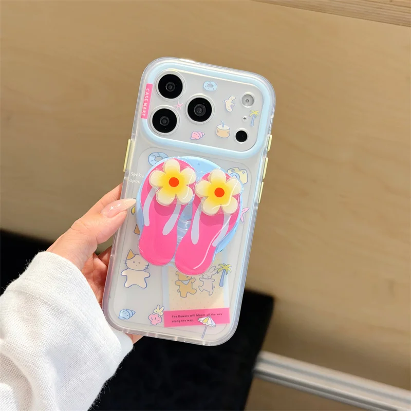 Clear Cute Flip Flops Flower Phone Case For iPhone 15 16 17 ProMax Shockproof Transparent Cover With Magsafe Summer Girl