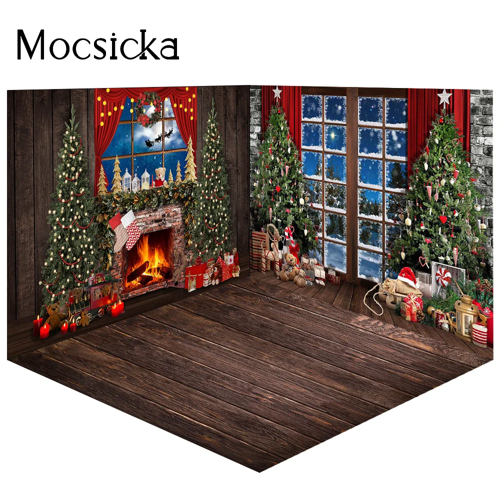Merry Christmas Party พื้นหลังสำหรับ3d Hiasan Kamar Xmas ต้นไม้เตาผิงฉากหลังฤดูหนาวแช่แข็งหน้าต่างวันเกิดยิง