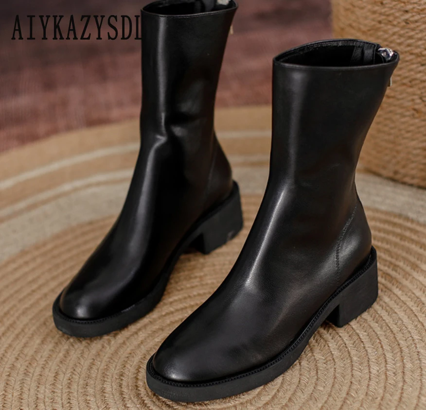 

AIYKAZYSDL Beige Black Ankle Boots Women Autumn Winter Cuban Low Heel Short Booties PU Leather Solid Work Shoes Female 2023