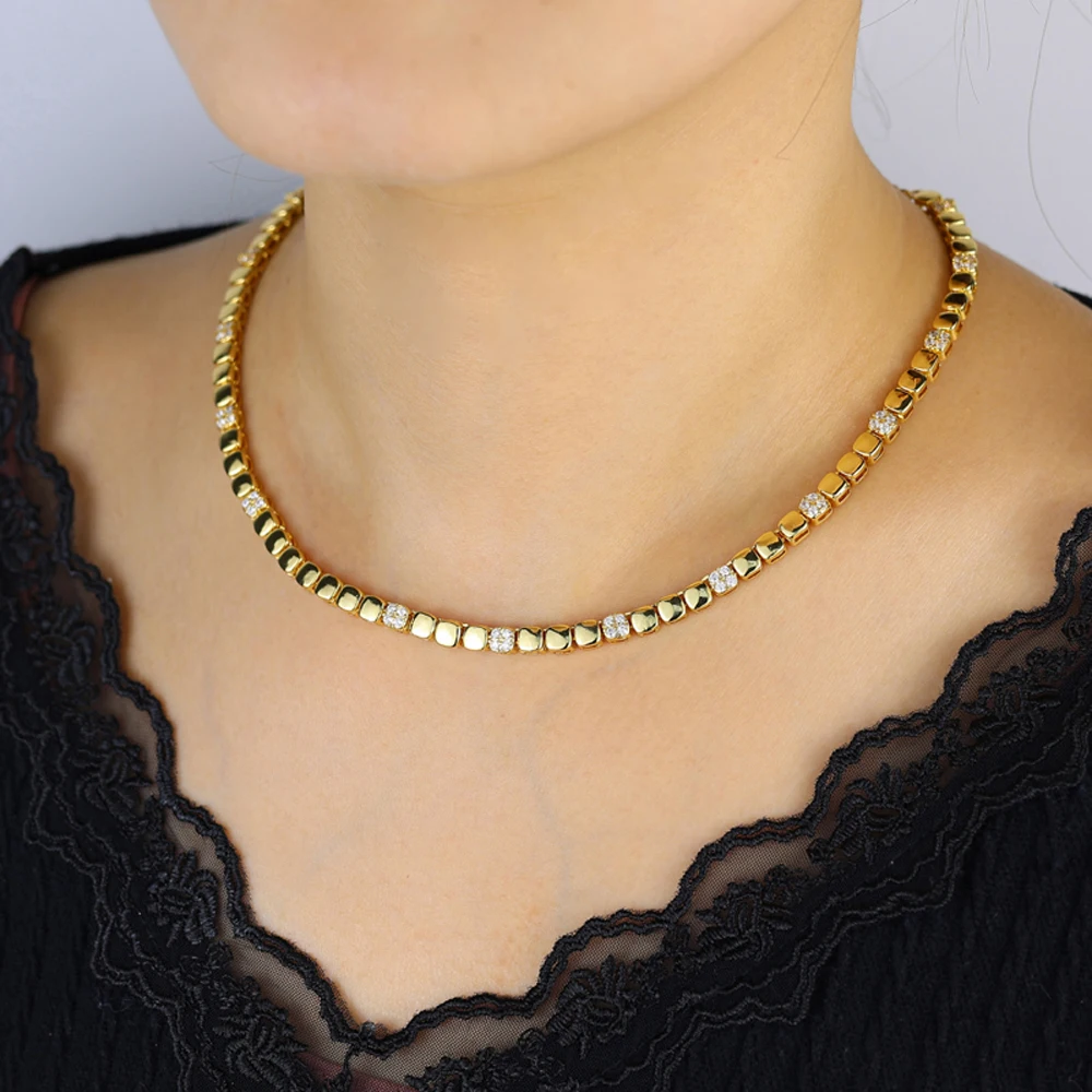 New Iced Out Bling Geometric Square Necklace Gold Color Cubic Zirconia  Luxury Cluster Tennis Chain Choker For Women Jewelry