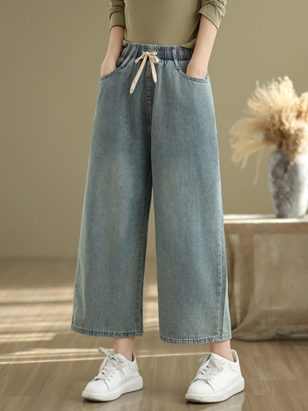 Artistic Wide Leg Denim Jeans Women's Spring Loose Small Size Nine Point Retro Slim Straight Tube Pants Elastic Waist Drawstring